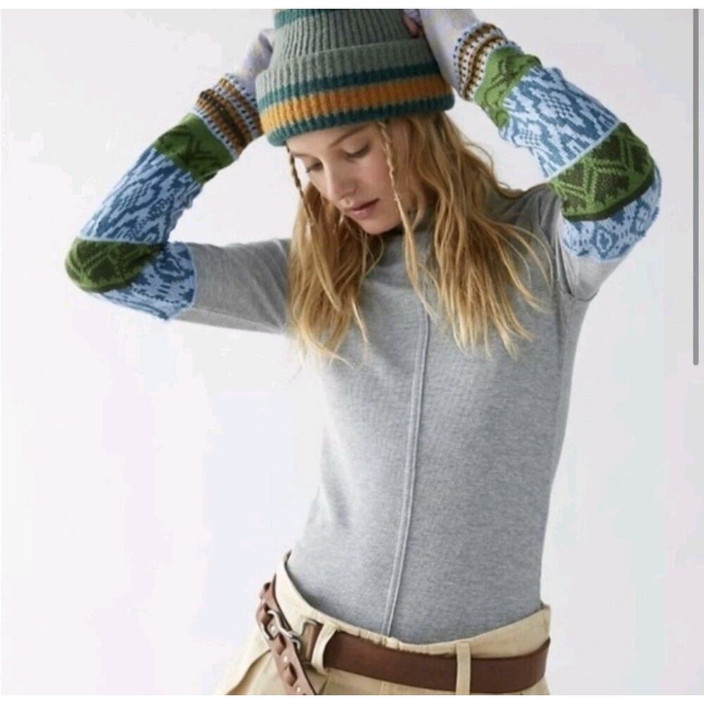 We The Free Gorgeous Cuffs Thermal Top Womens XS Gray Multicolored Knit Bohemian